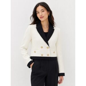 Ann Taylor Tweed Cropped Blazer Cream Black Gold Button Jacket 12P Double Breast